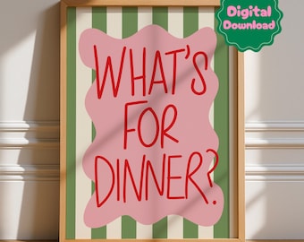 ¿Qué hay para cenar?, Descarga digital, Póster de cocina atrevido y moderno, Arte tipográfico, Galería de pared, Cena, Comida, Arte mural moderno y peculiar, Verde