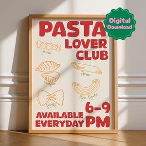 Impresión del Club de los Amantes de la Pasta, Descarga Digital, Formas de Pasta, Póster de Vino y Comida, Pizza Italia, Galería de Pared, Impresiones de Cocina, Arte Rojo y Funky