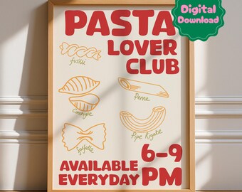 Pasta Lover Club Druck, digitaler Download, Pasta Formen, Wein und Essen Poster, Pizza Italien, Galeriewand, Küche Drucke, Red Funky Art