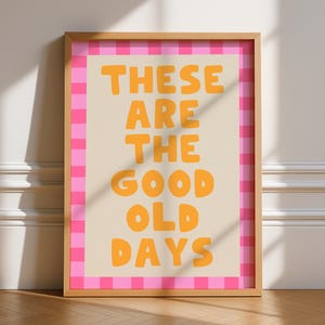 Puede incluir: Un estampado enmarcado con las palabras "THESE ARE THE GOOD OLD DAYS" en letras de bloque naranja. El fondo es de color beige claro, enmarcado por un borde a cuadros rosa y blanco, y enmarcado en madera.