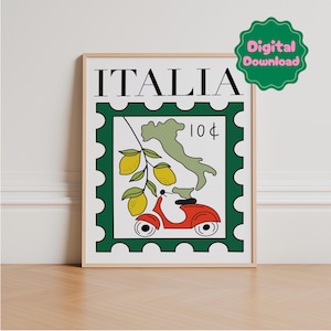 Italien Vintage Briefmarke Poster, digitale Download, Vespa Kunst, Reise Kunst, Wohnzimmer Dekor, Italia, Fine Line, Poster grün, Zitrone, Küche