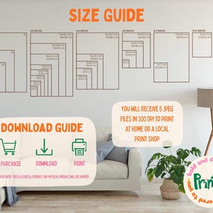 Puede incluir: Una gu&iacute;a de tallas para impresiones digitales con diferentes proporciones, incluyendo ISO, 2:3, 3:4, 4:5, 5:7, 13:14 y 13:18. La gu&iacute;a muestra las dimensiones en pulgadas y cent&iacute;metros para cada proporci&oacute;n. El texto "Recibir&aacute;s 5 archivos JPEG en 300 DPI para imprimir en casa o en una tienda de impresi&oacute;n local" tambi&eacute;n est&aacute; incluido.