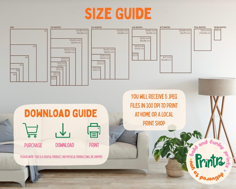 Puede incluir: Una gu&iacute;a de tallas para impresiones digitales con diferentes proporciones, incluyendo ISO, 2:3, 3:4, 4:5, 5:7, 13:14 y 13:18. La gu&iacute;a muestra las dimensiones en pulgadas y cent&iacute;metros para cada proporci&oacute;n. El texto "Recibir&aacute;s 5 archivos JPEG en 300 DPI para imprimir en casa o en una tienda de impresi&oacute;n local" tambi&eacute;n est&aacute; incluido.