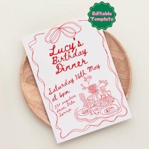 Birthday Dinner Party Invite, Editable Template, Digital Product Download, Red, Wine Cheese, Custom Invitation, Hand Drawn