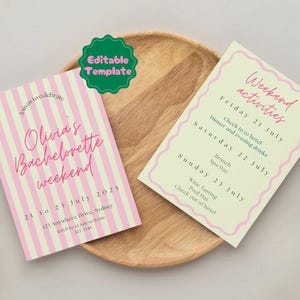 May include: A printable bachelorette weekend itinerary template with a pink and yellow striped background. The text reads "Olivia's Bachelorette Weekend" and includes dates and activities for a Friday, Saturday, and Sunday.