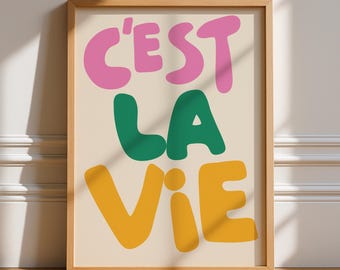 C’est La Vie Word Print, Unframed Art, French Typography, Quotes, Wall Art, Retro, Trendy, Minimalist, Poster, Gallery Wall, Bright Simple