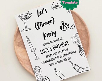 Può includere: Un invito stampabile in bianco e nero per una cena per festeggiare il compleanno di Lucy. L'invito include il testo "Let's (Dinner) Party", "Join us to celebrate Lucy's Birthday", "Friday 10th July at 6pm", "324 Anywhere Street, Palm Springs", e "RSVP to Rosie 555-288".