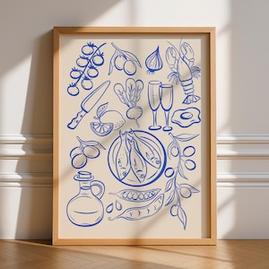 Blue Kitchen Food And Drink Illustrations, Unframed Art, Retro Wall Art, Kitchen Wall Prints, Aesthetic Decor, Maximalist Kitchen Poster
