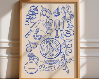 Blue Kitchen Food And Drink Illustrations, Unframed Art, Retro Wall Art, Kitchen Wall Prints, Aesthetic Decor, Maximalist Kitchen Poster