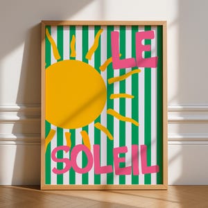 Le Soleil-print, ingelijste kunst, zomerse esthetiek galerijmuur, Bauhaus, Franse typografie, trendy tienerdecor, maximalistisch citaat, barwagen