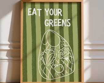Eat Your Greens Print, Unframed Art, Bold Funky Kitchen Poster, Typography Art, Gallery Wall, Dinner, Food, Trendy Quirky, Vegetable, Tomato