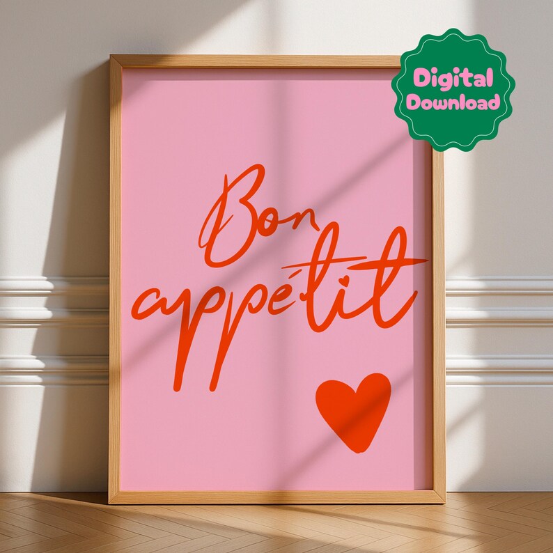 Impresión de cocina "Bon Appetit", descarga digital, arte mural, retro, tipografía, minimalista, cita francesa, arte bonito, cocina imagen 1