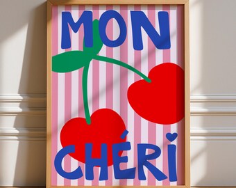 Mon Cheri Print, Unframed Art, French Typography, Funky Retro Wall Art, Pink Red Gallery Wall, Fruits, Food Markets, Hand Drawn Stripes