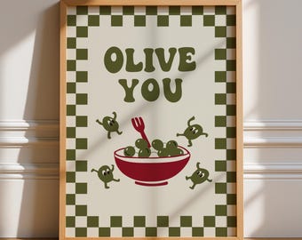Olive You Print, Unframed Art, Typography, Bright Bold Funky, Aesthetic Kitchen Decor, Olive, Minimalist