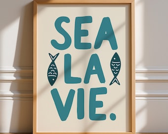 Sea La Vie, Unframed Art, Coastal, Bold Funky Blue Poster, Typography Art, Gallery Wall, Fish, Food, Trendy Quirky, Ces't La Vie, Sardine