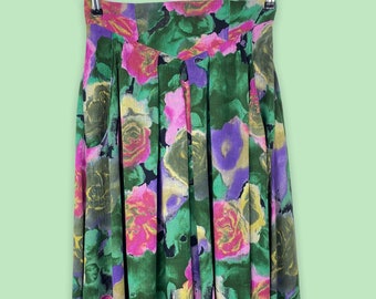 Vintage 90s Flower Skirt Pockets Pink Green Purple | EU M L