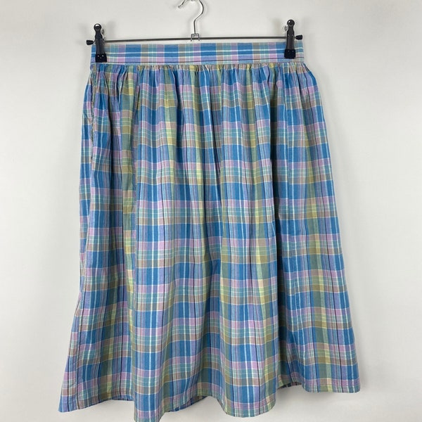 Vintage 90s Skirt A-Line Chequered Back Slit Blue Pink | EU L