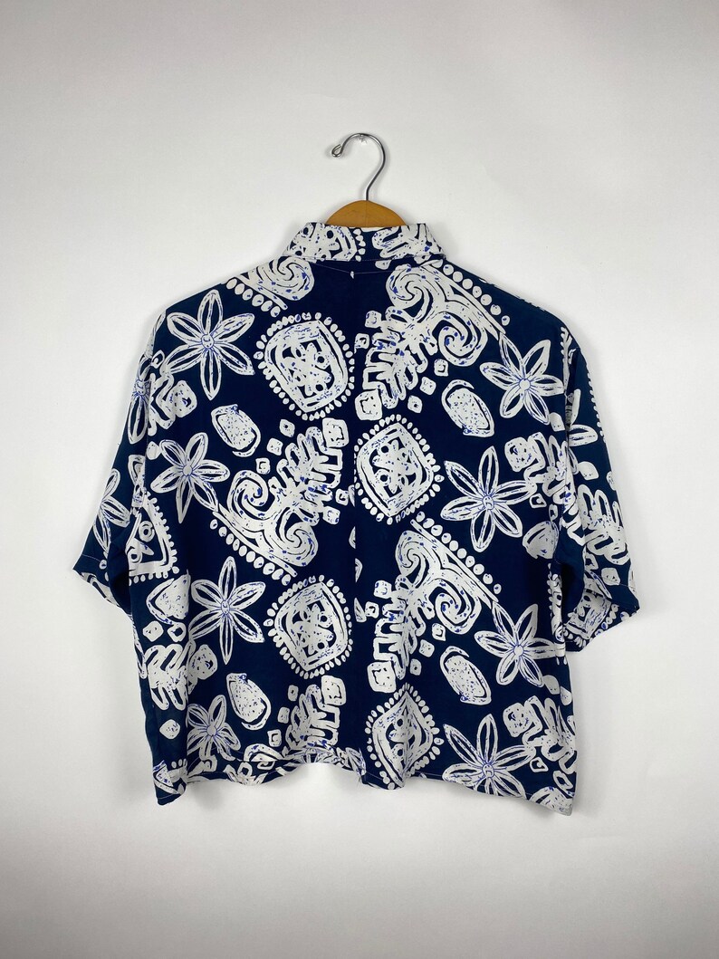 Vintage 90s Blue Dagger Collar Patterned Geometric Blouse 8 10 S