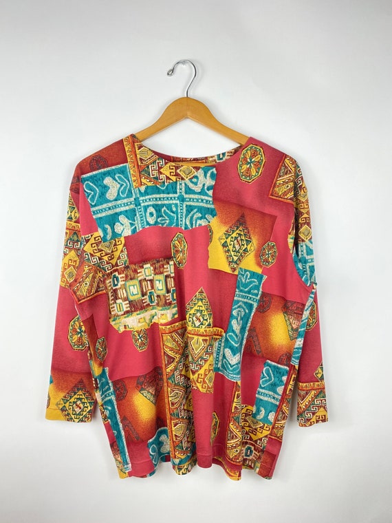Vintage 80s Blouse Afrocentric African Print Abstr