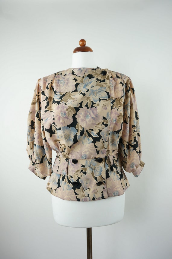 Vintage 80s Peplum Blouse Flowers Schößchen Visio… - image 1