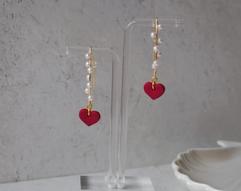 Cariño Earrings, Pearl Drop Earrings, Valentines day earrings, heart earrings, handmade jewelry, red, gold, pearls, coquette style