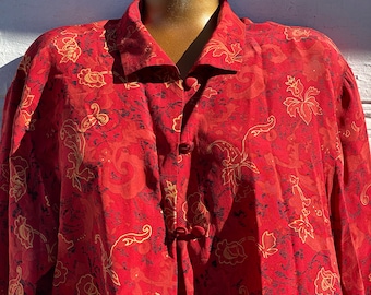 Vintage, Silk Red Blouse with Gold and Black Print, Size M