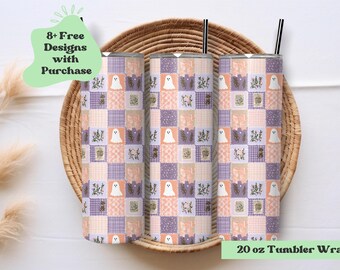 Cute Ghost Tumbler Wrap Png | Ghost Patchwork Tumbler Wrap | Cottagecore Tumbler Wrap Png | Ghost Tumbler | Halloween Tumbler Wrap