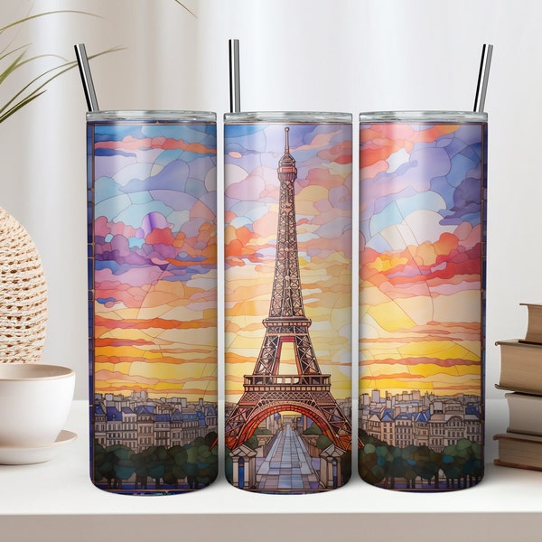 Stained Glass Tumbler Wrap | Eiffel Tower Tumbler PNG | Paris Tumbler Wrap Sublimation | 20 oz Tumbler Wrap | Cityscape Tumbler PNG