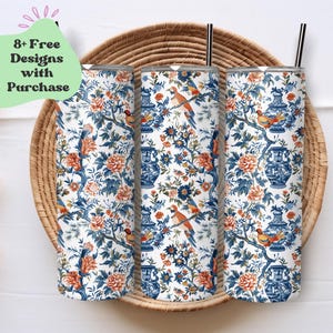 Bird Delft Style Chinoiserie Tumbler Wrap | French Toile Tumbler PNG Wrap | French Toile PNG Tumbler Wrap | Birds & Flowers Tumbler Wrap PNG