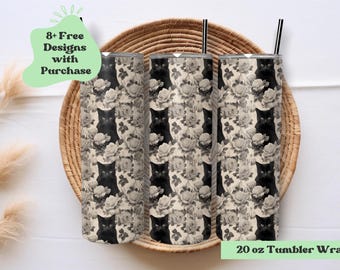 Black Cat Tumbler Wrap | Toile Witchy Vibes | Roses and Black Cats Tumbler Wrap | Goth Sublimation Design | Witch Wicca Tumbler