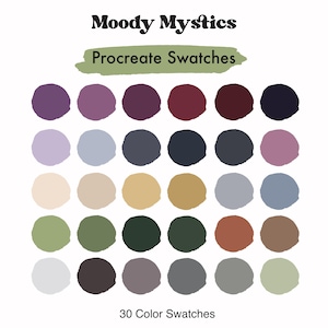 May include: A digital color palette with 30 color swatches in a variety of shades of green, purple, blue, brown, and gray. The title "Moody Mystics Procreate Swatches" is at the top of the image and the text "30 Color Swatches" is at the bottom.