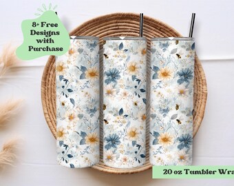 Blue Vintage Bee Tumbler Wrap | Bumblebee Tumbler PNG Wrap | Natural Floral Tumbler Wrap | Vintage Blue Flower Tumbler PNG