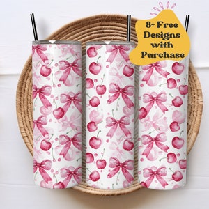 Pink Cherries and Bows Tumbler Wrap | Pink Bow Tumbler PNG | Coquette Tumbler Wrap | Cherry Tumbler Wrap | Pink Bow PNG | Cute Girly Tumbler