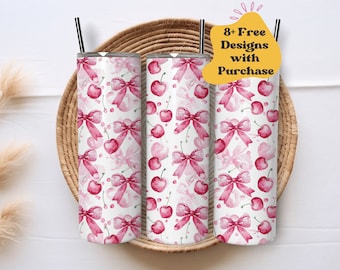 Pink Cherries and Bows Tumbler Wrap | Pink Bow Tumbler PNG | Coquette Tumbler Wrap | Cherry Tumbler Wrap | Pink Bow PNG | Cute Girly Tumbler