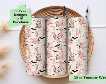 Cute Ghost Tumbler Wrap Png | Ghosts and Floral Tumbler Wrap | Ghost and Bats Tumbler Wrap Png | Floral Ghost Tumbler | Fall Tumbler Wrap