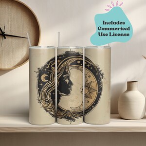 Celestial Woman Tumbler Wrap | Crescent Moon Tumbler | Woman in Moon Tumbler Wrap PNG | Sun and Moon Sublimation Tumbler Wrap