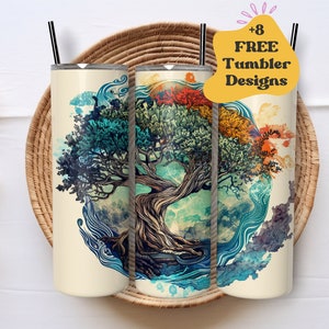 May include: Three stainless steel tumblers featuring a watercolour design of a tree with roots and branches. The tree is surrounded by swirling water. The tumblers are on a woven basket. The text " +8 FREE Tumbler Designs" is in a yellow speech bubble.