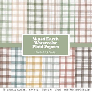 Op de afbeelding: Twaalf digitale papieren met gedempte aardetinten in geruit aquarelpatroon. Elk papier is 30,48 cm bij 30,48 cm en heeft een resolutie van 300 DPI. De papieren zijn in JPEG-formaat en zijn direct te downloaden.