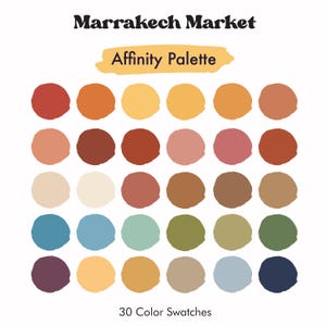 May include: A color palette titled "Marrakech Market Affinity Palette" with 30 color swatches. The swatches are arranged in a grid and include shades of red, orange, yellow, brown, pink, green, blue, and purple. The text "30 Color Swatches" is at the bottom.