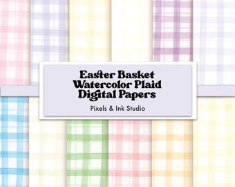 Easter Basket Watercolor Plaid Digital Papers – Pastel Scrapbook (Digital Download)