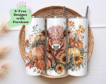 Gobelet de vache Highland marron | Gobelet vache avec citrouilles | Gobelet d'emballage pour bébé vache Highland | Papier d'emballage d'automne | Sublimation pour gobelet 20 oz