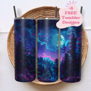 May include: Three stainless steel tumblers with a design of a forest scene at night with a full moon and stars. The tumblers are on a woven basket.