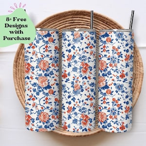 Floral Delft Style Chinoiserie Tumbler Wrap | French Toile Tumbler PNG Wrap | French Toile PNG Tumbler Wrap | Flower Tumbler Wrap PNG
