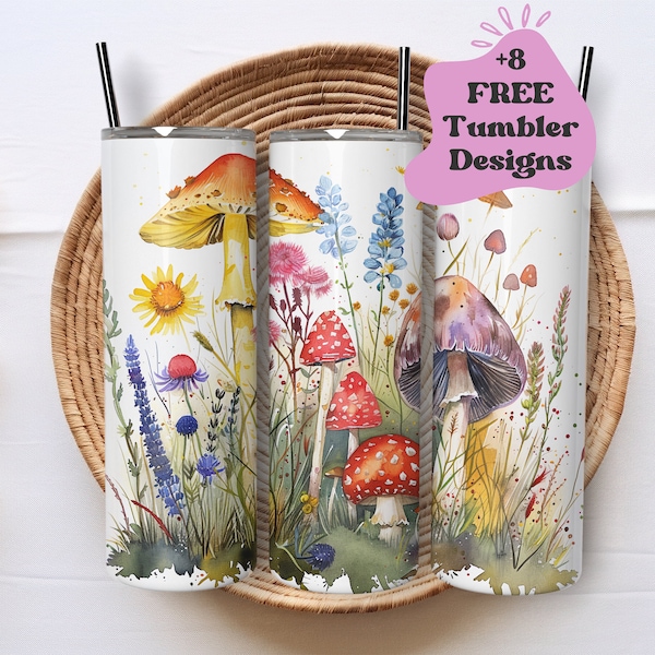Bright Wildflower and Mushroom Tumbler Wrap | Watercolor Mushrooms Tumbler PNG | 20oz Tumbler Wrap | Cottagecore Tumbler Wrap PNG | Digital