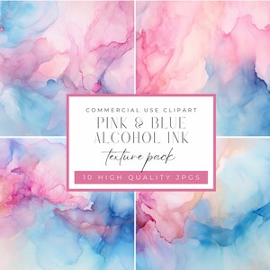 May include: A digital download of 10 high-quality JPG images featuring pink and blue alcohol ink textures.  These abstract backgrounds are perfect for commercial use clipart.