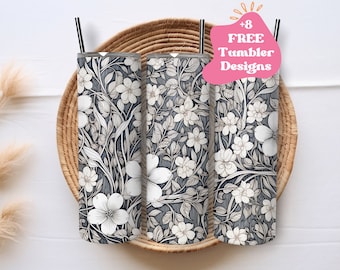Black Floral Tumbler Wrap | Black and White Flower Tumbler PNG Wrap | Floral Line Art Tumbler Wrap | Black White Floral Tumbler PNG