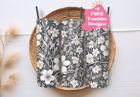Black Floral Tumbler Wrap | Black and White Flower Tumbler PNG Wrap | Floral Line Art Tumbler Wrap | Black White Floral Tumbler PNG
