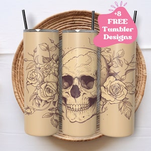 Vintage Skull and Roses Tumbler Wrap | Antique Skull Tumbler PNG | Floral Tumbler Wrap Sublimation | 20 oz Tumbler Wrap | Skull Tumbler PNG