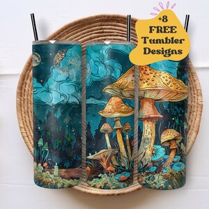Tumbler wrap met paddestoel doodle | Champignonbeker, png PNGEgg | 20oz bekerverpakking | Ontwerp van bospaddenstoelenbeker | Tumbler wrap met boslandschap
