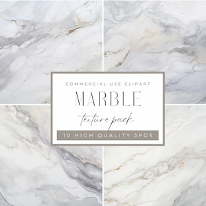 Op de afbeelding: Een set van vier hoogwaardige marmertextuurbeelden. De afbeeldingen tonen een witte achtergrond met grijze en gouden aderen. De tekst "COMMERCIAL USE CLIPART MARBLE texture pack 10 HIGH QUALITY JPGS" wordt weergegeven in een wit rechthoek op een grijze achtergrond.